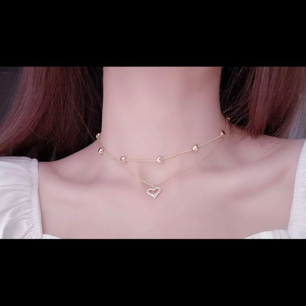 14K PLATED DOUBLE LAYER CHOKER WITH HEART PENDANT NECKLACE
